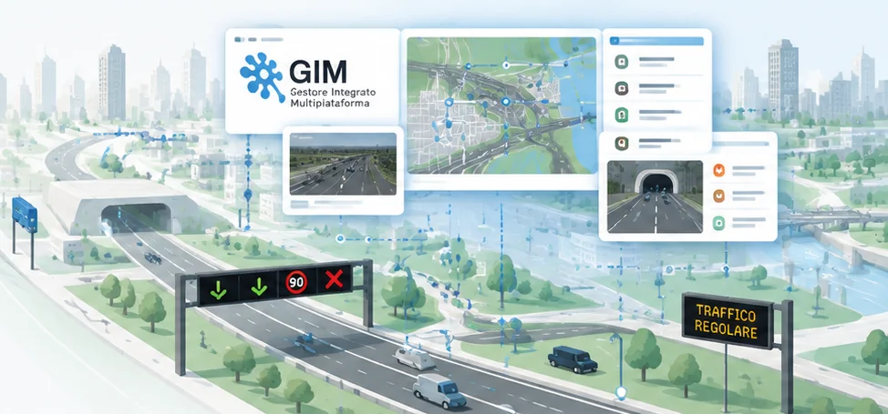 Illustration of a road and urban network with VMS centrally managed by GIM